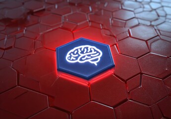 Glowing brain icon on a red hexagonal grid