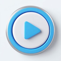 Play button graphic.  A three-dimensional, circular play button.  A light gray ring encircles a white center button. A prominent blue play triangle icon is centered on the white button