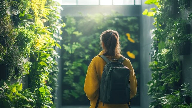 Modern sustainable university interior, featuring biophilic design with green walls and plants, reflecting eco-friendly education and campus life, Generative AI