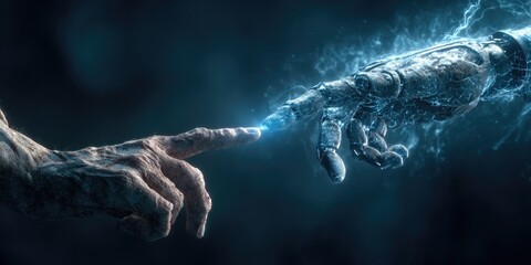 Human and machine hands touching, a light blue energy connects them
