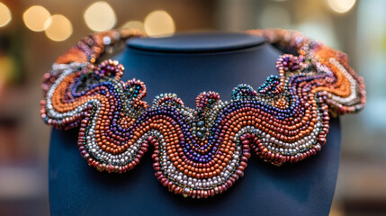 Beaded necklace with intricate wave patterns.