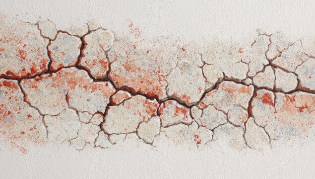 Cracked, parched earth depicted in muted reds, creams, and blues; a horizontal band of desiccated texture - Powered by Adobe