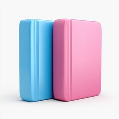 Two brightly colored, rectangular books stand side-by-side, light blue and pink. 