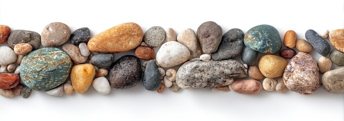 Colorful pebbles arranged in a horizontal line against a white background