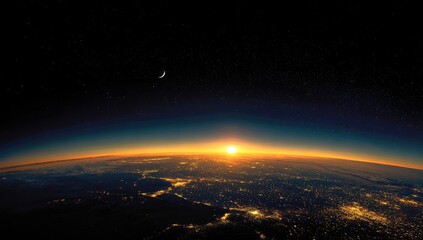 Earth's sunrise, viewed from space, with a crescent moon and starry backdrop.  A hazy, panoramic view of the planet, showing city lights twinkling below a golden sunrise horizon