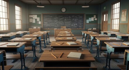 Empty vintage classroom with rows of desks and a chalkboard