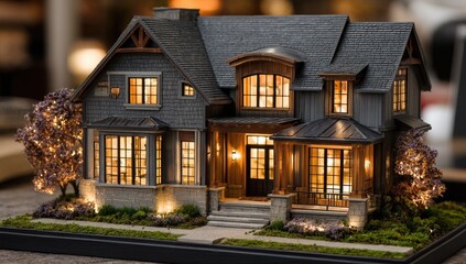 Detailed miniature model of a modern home, showcasing exterior architectural design and illuminated interior