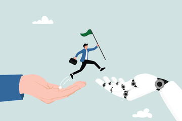 AI adoption or implementation to success, change or transformation using Artificial Intelligence innovation to help business achievement, businessman hold winning flag jump from human hand to AI hand.