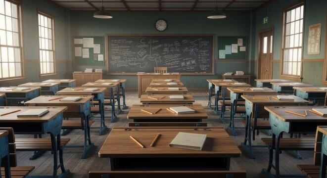 Empty vintage classroom with rows of desks and a chalkboard - Powered by Adobe