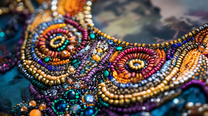 Close-up of colorful beaded embroidery.