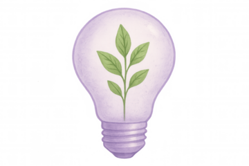 Watercolor illustration of a lightbulb with a plant inside, symbolizing eco-friendly energy and environmental conservation on a see-through backdrop