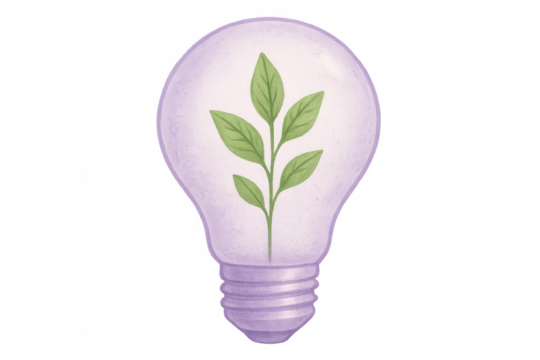 Watercolor illustration of a lightbulb with a plant inside, symbolizing eco-friendly energy and environmental conservation on a see-through backdrop