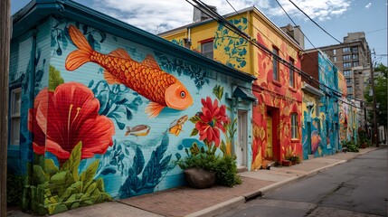 Naklejka premium Immersive Mural Composition of Luminous Fish in Urban Graffiti – Street Art Visual for Inclusive Metaverse Branding