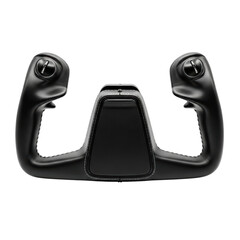 Detailed view of a modern black aircraft yoke, an essential component for piloting and aviation training.