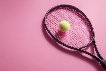 Tennis racket and ball on pink background (10)