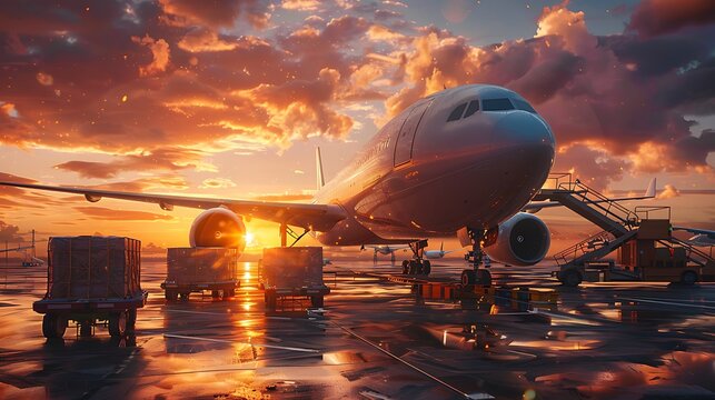Airplane parked on runway at sunset with cargo and stairs near the plane at the airport terminal - Powered by Adobe
