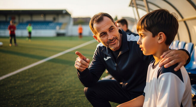 A supportive soccer coach gives advice and encouragement to a young boy on the sideline of a field.