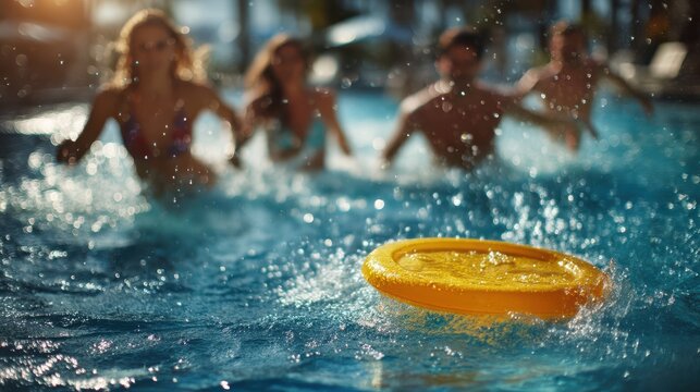 A lively scene of people splashing in a pool, chasing a yellow frisbee floating on the water's surface, capturing summer fun and enjoyment.