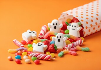 A pile of assorted halloween candies, including ghostshaped marshmallows and gummy worms, spilling out of a polkadotted bag onto an orange background