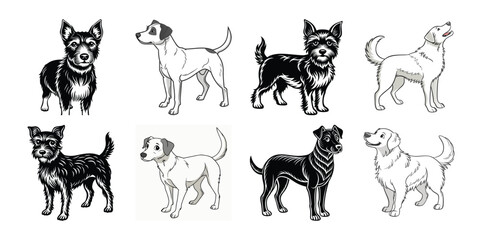 Vector art of black doberman dog silhouettes in different poses isolated on transparent background
