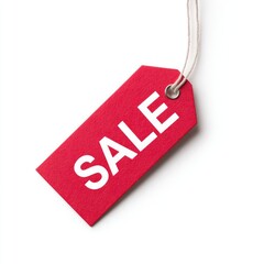 A red sale tag hangs against a white background