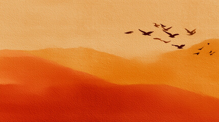 Vibrant sunset landscape with silhouettes of birds flying over warm colored hills