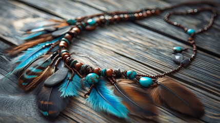 Close-up of a handcrafted necklace with turquoise beads and feathers.
