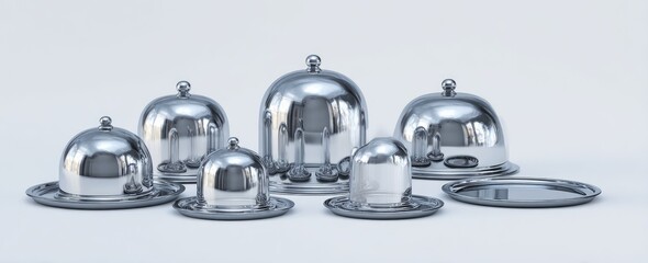 Shiny, chrome-like serving dishes, domed covers, and trays