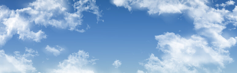 Realistic sky with fluffy white cloud formations - bright blue atmosphere, scattered cumulus in natural daylight scene for outdoor environment, weather backgrounds or landscape design elements.