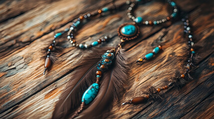 Turquoise beaded necklace with feathers on rustic wooden surface.