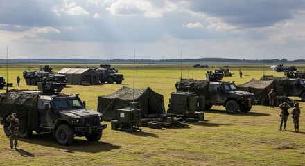 Military Vehicles and Soldiers on Training Field.