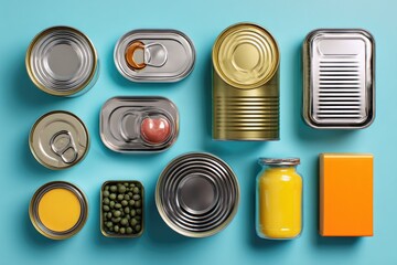 Assorted metal and glass food containers arranged on a light teal surface.  Various sizes and shapes, including cans, jars, and a box