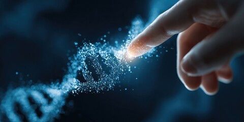 A hand touches a digital DNA strand