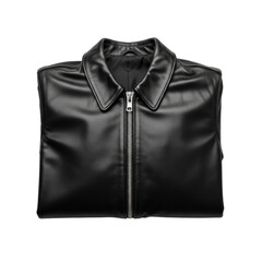 A sleek black leather jacket, folded and ready for display. Ideal for showcasing modern apparel and stylish outerwear.