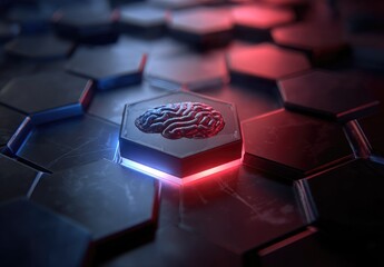 A 3D rendered brain graphic sits atop a grid of glowing hexagonal panels.  Red and blue light emanates from beneath the graphic