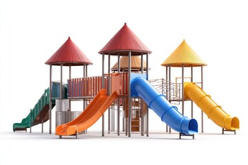 Colorful playground structure with slides and playhouses