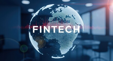 Fintech globe overlay in office with lens flare and digital waveform visuals