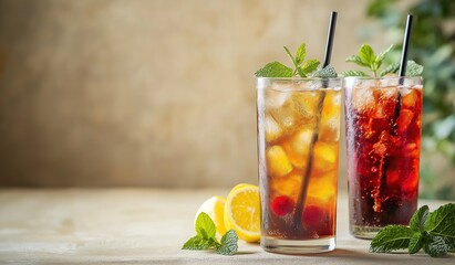 Fototapeta premium Classic American summer drinks with ice and mint leaves featuring sweet red peach iced tea, cold cola, and iced coffee in tall glasses on beige background with copy space