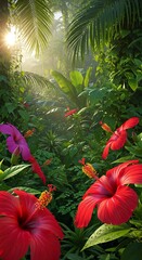 Lush tropical paradise of vibrant hibiscus blooms amidst sun-drenched greenery