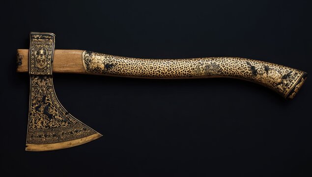Ornate axe with wooden handle, gold/black patterned blade - Powered by Adobe