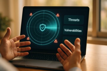 Laptop Cybersecurity Dashboard Showing Threat and Vulnerability Radar Detection