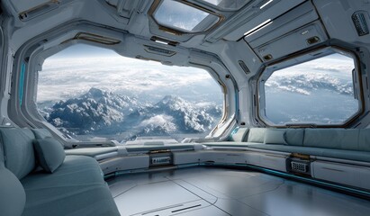 Futuristic spacecraft interior with mountain vista