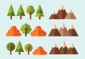Flat design illustration of nature elements including trees, bushes, and mountains