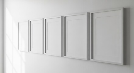Five white framed art displays hanging on a bright, white wall