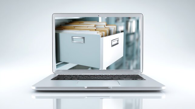 Digital File Storage: A laptop displays a digital file storage system, symbolizing efficient data management and digital organization within a modern technological environment. 