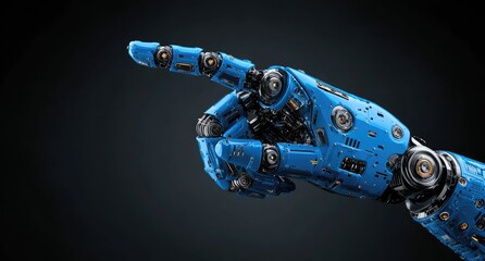 Close-up of a blue robotic hand, pointing upward. Complex mechanical structure, intricate details visible. Dark background isolates the hand. Precise engineering design