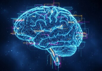 A luminous, futuristic digital rendering of a human brain, intricately detailed with glowing blue neural pathways and interconnected data streams against a d...