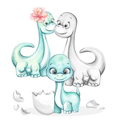 Watercolor cute baby boy dinosaur. Dino family. Newborn. Cartoon clip art for nursery, babyshower, decor, stickers, textile prints with historical, wild animals