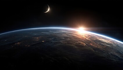 Obraz premium Earth rising, crescent moon, sunrise. Vast expanse of space, with a detailed view of Earth's surface, illuminated by sunrise. A crescent moon hangs in the distance