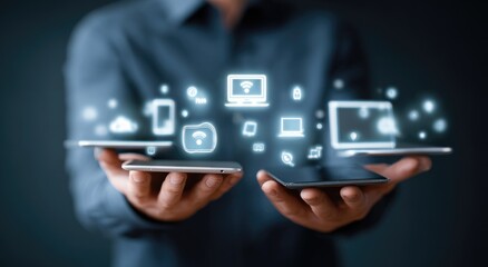 Hands holding multiple mobile devices, surrounded by glowing digital icons representing various technologies